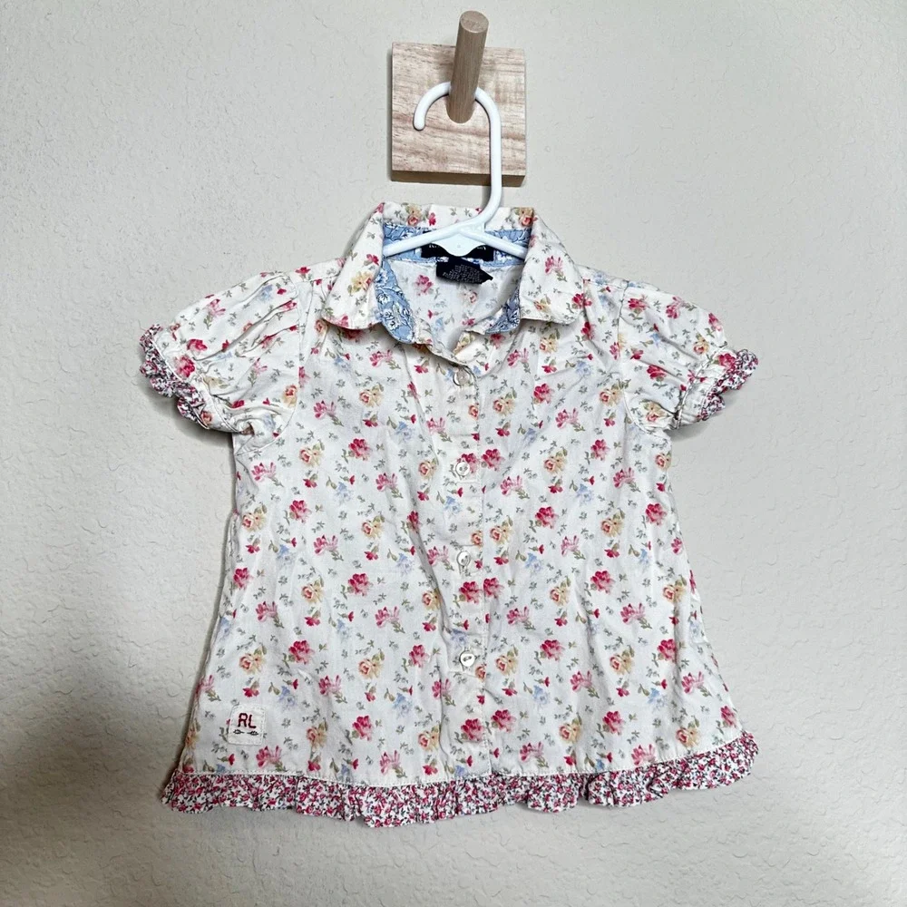 VTG Ralph Lauren Baby Girls Floral Ruffle Button Down Shirt Pink White 6-12M